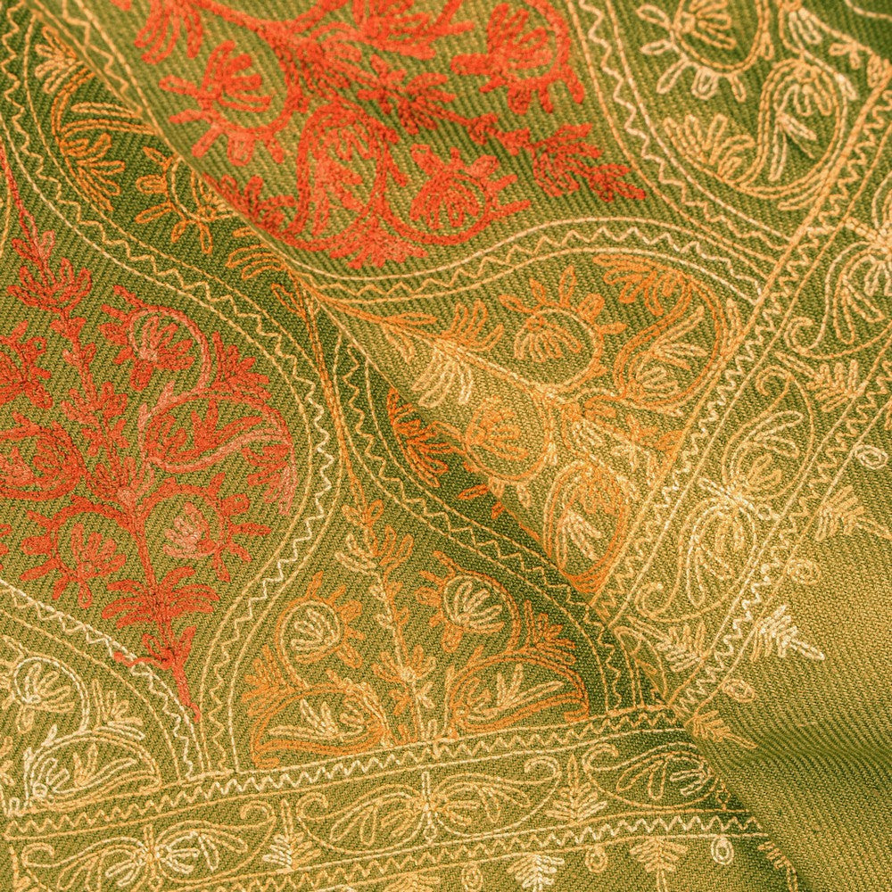 Sanskriti Vintage Long Green Woolen Embroidery Aari Kashmiri Sustainable Stole