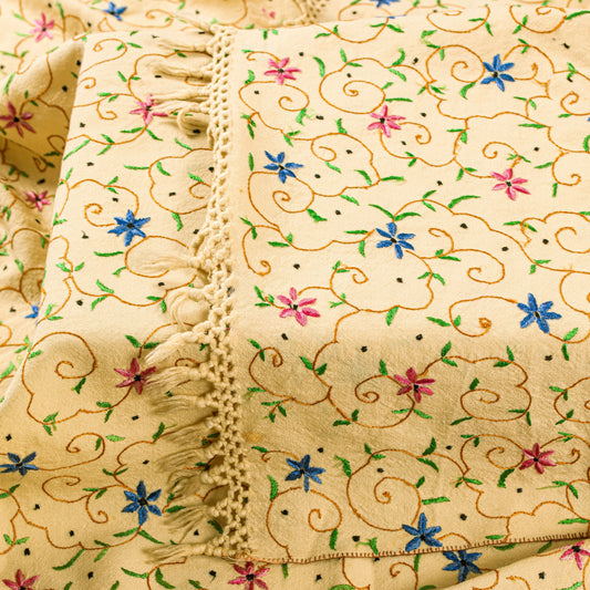 Sanskriti Vintage Long Cream Kashmiri Pure Woolen Hand Embroidered Aari Shawl