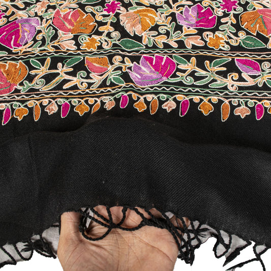 Sanskriti Vintage Black 100%Pure Wool Shawl Kashmiri Aari Embroidered Soft Stole