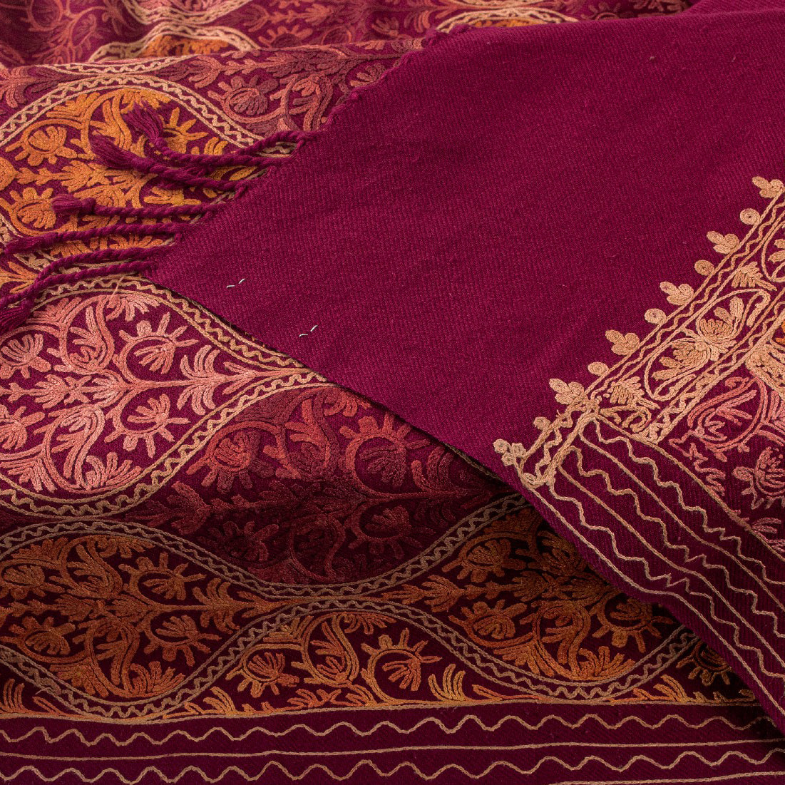 Sanskriti Vintage Dark Red Wool Shawl Kashmiri Ari Embroidered Traditional Stole