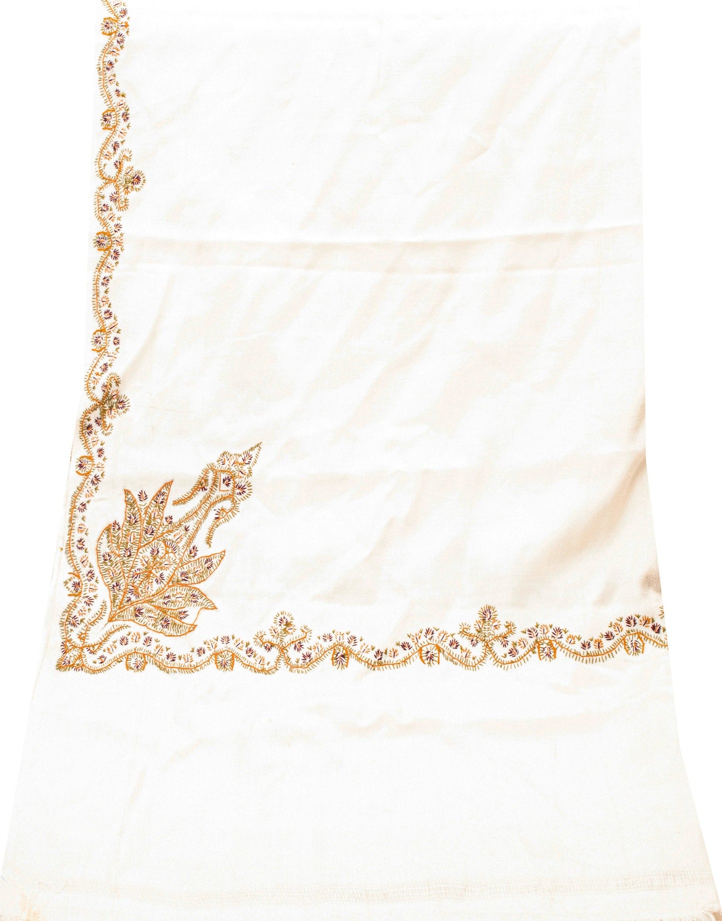 Sanskriti Vintage Long White Pure Woolen Hand Embroidery Suzani Head Shawl Stole