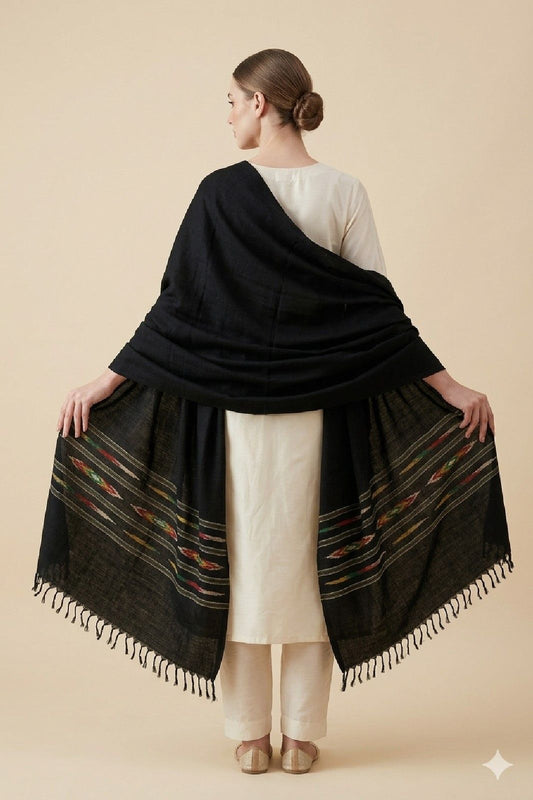 Sanskriti Vintage Black Soft Pure Wool Shawl Kullu Hand Woven/Loom Stole Scarf