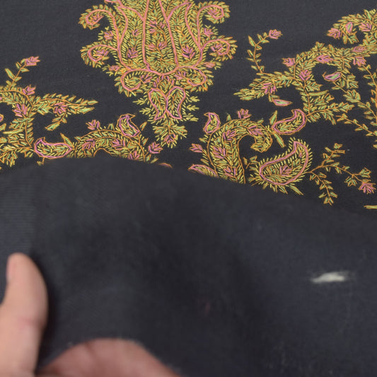 Sanskriti Vintage Black Pure Wool Shawl Hand Embroidered Suzani Stole Wrap Veil