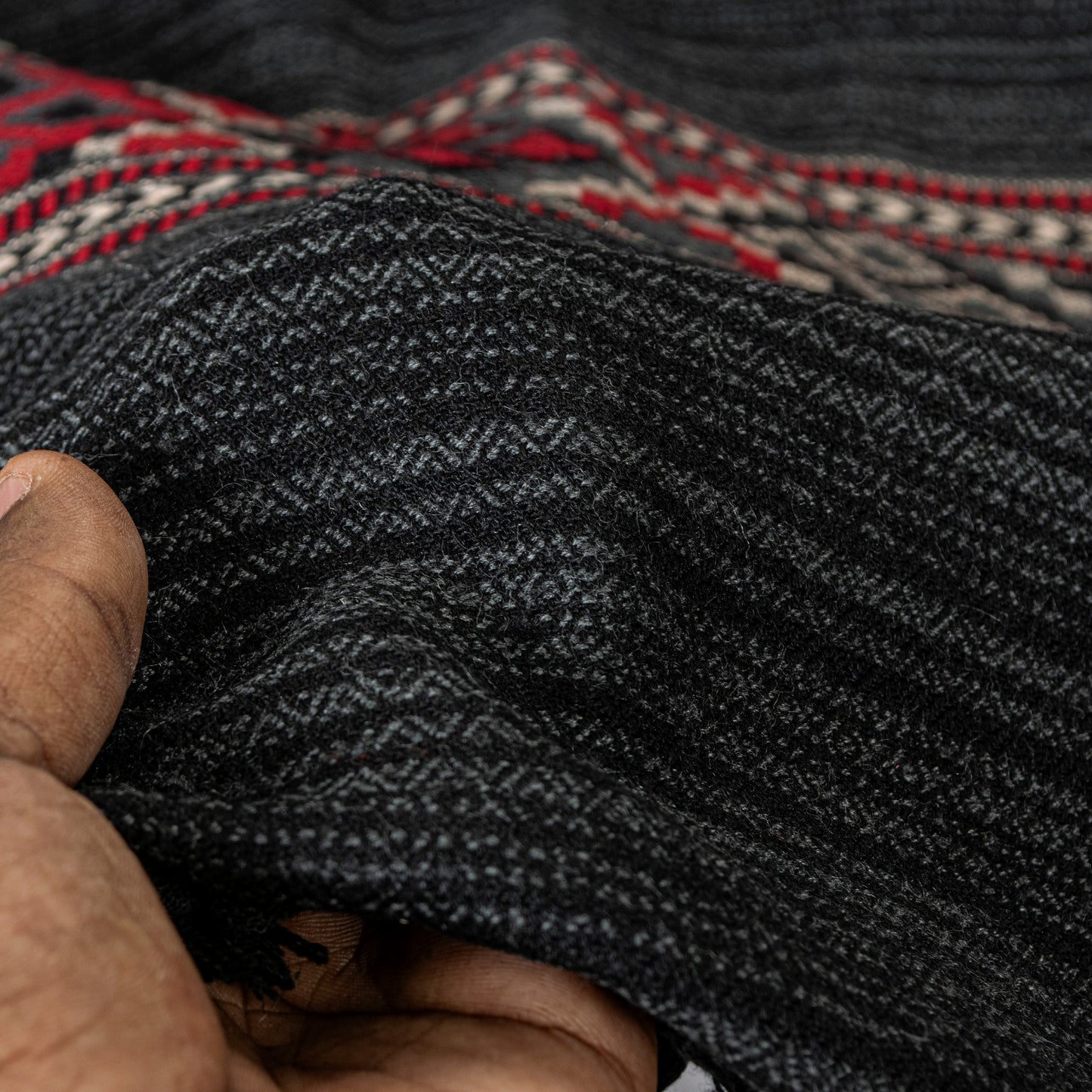 Sanskriti Vintage Long Indian Black Woolen Shawl Hand Woven Scarf Throw Stole