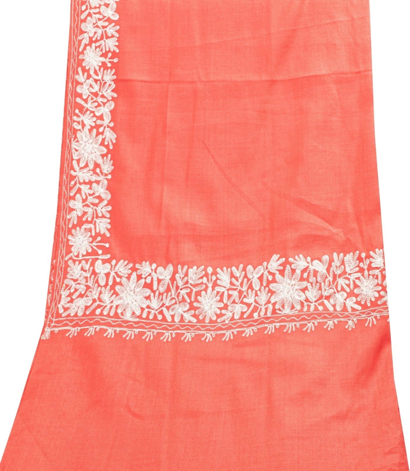 Sanskriti Vintage Long Peach Woolen Shawl Embroidered Aari Work ScarfThrow Stole