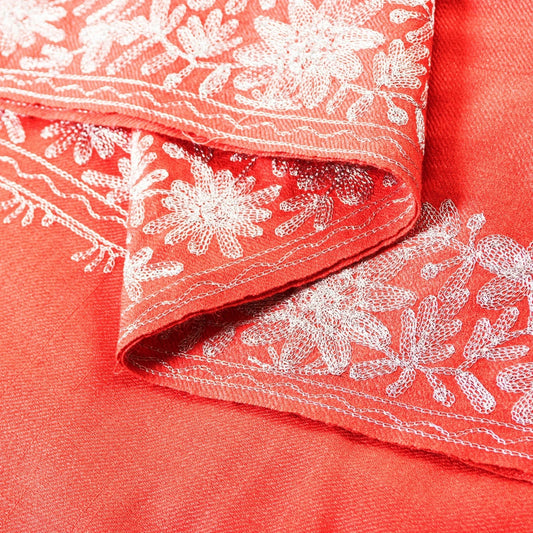 Sanskriti Vintage Long Peach Woolen Shawl Embroidered Aari Work ScarfThrow Stole