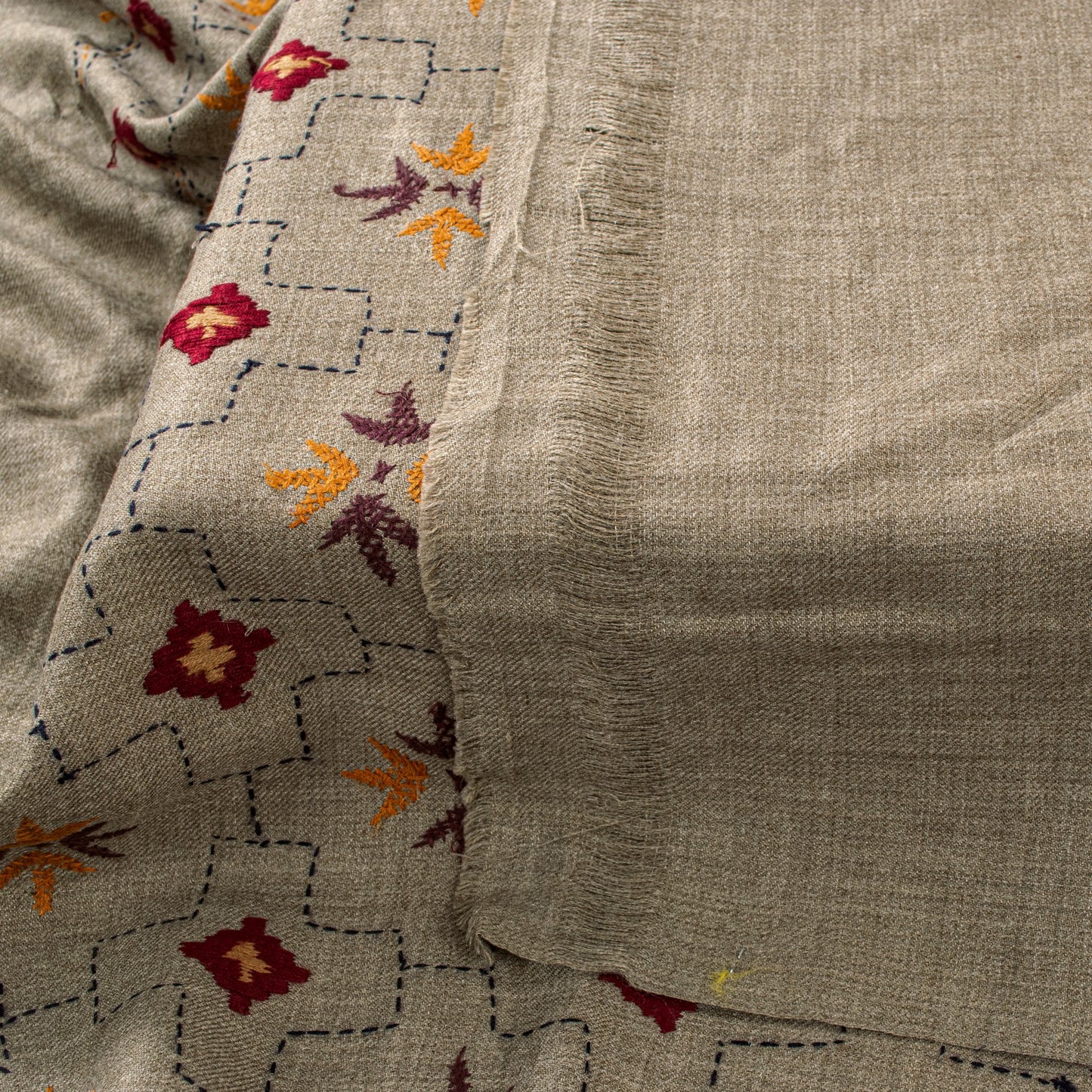 Sanskriti Vintage Long Gray Woolen Shawl Hand Embroidered Scarf Throw Head Stole