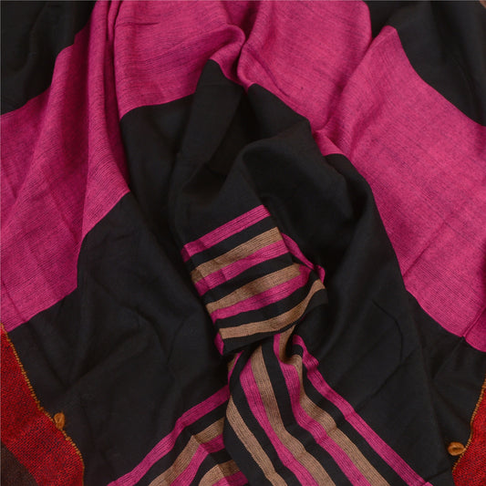 Sanskriti Vintage Pink/Black Long Woollen Shawl Embroidered Woven Scarf Stole