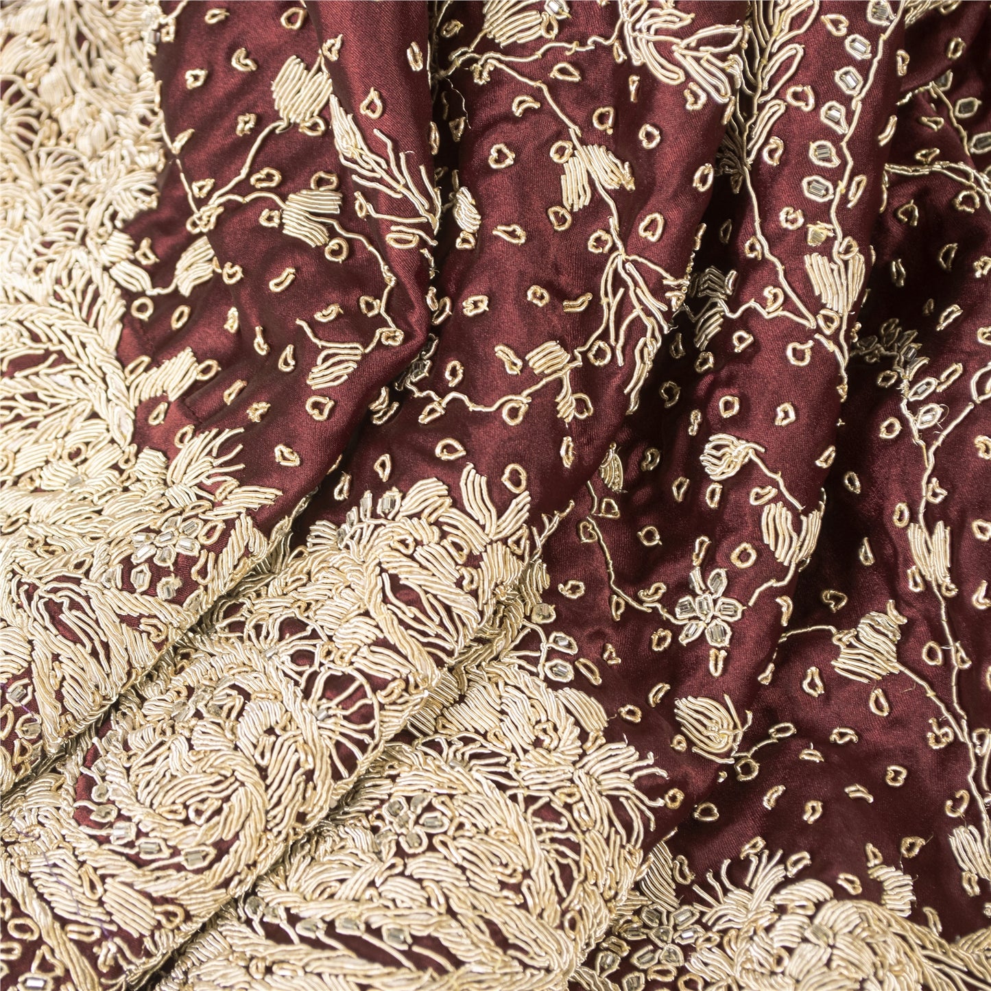 Sanskriti Vintage Long Skirt Pure Satin Hand Beaded Dark Red Stitched Lehenga