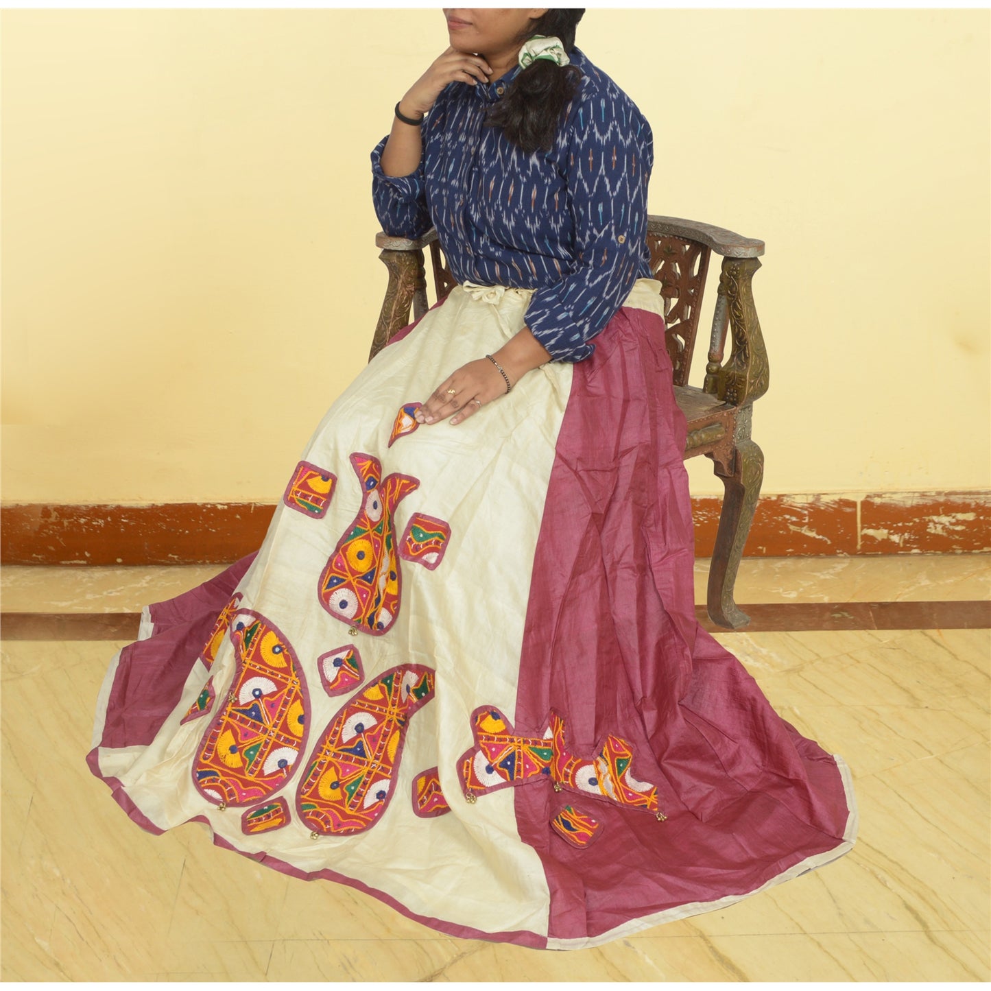 Sanskriti Vintage Indian Long Skirt Pure Silk Hand Embroidered Kutch Lehenga