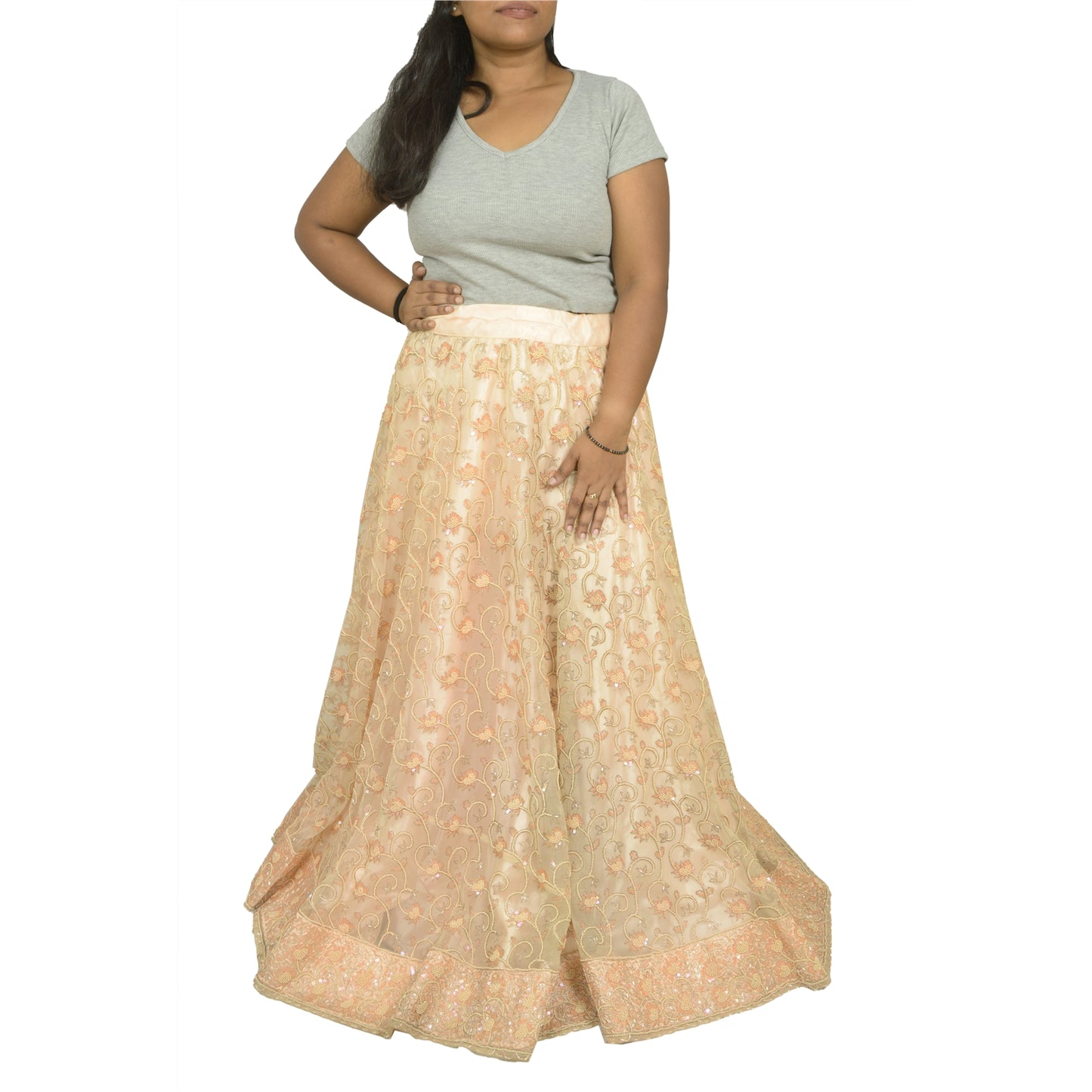 Sanskriti Vintage Hand Beaded Indian Skirt Peach Party Pearl Beads Net Lehenga