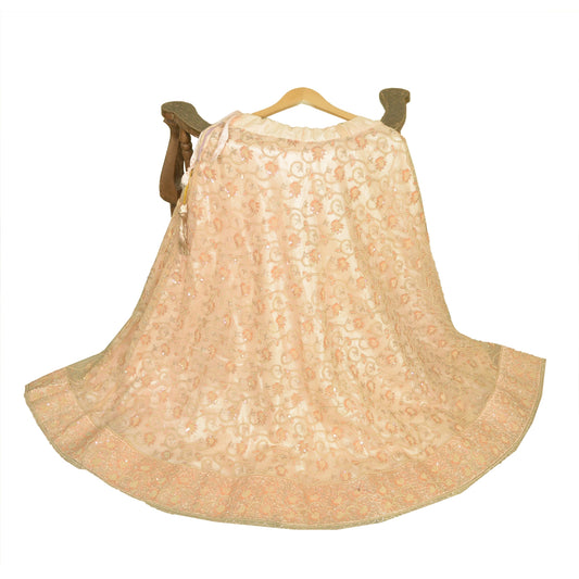 Sanskriti Vintage Hand Beaded Indian Skirt Peach Party Pearl Beads Net Lehenga