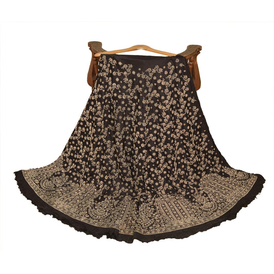 Sanskriti New Black Pure Silk Skirt Unstitched Long Indian Hand Beaded Antique Zardozi