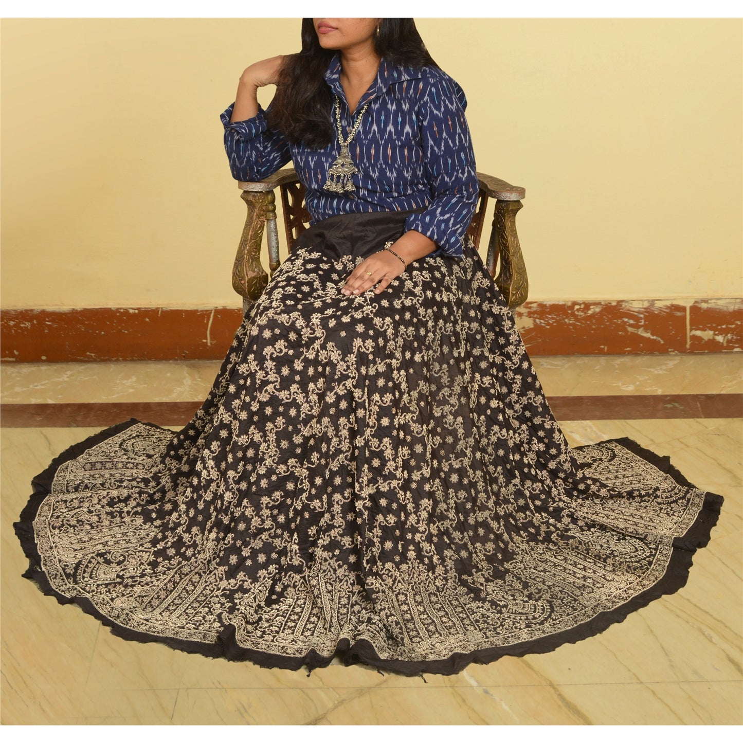 Sanskriti New Black Pure Silk Skirt Unstitched Long Indian Hand Beaded Antique Zardozi