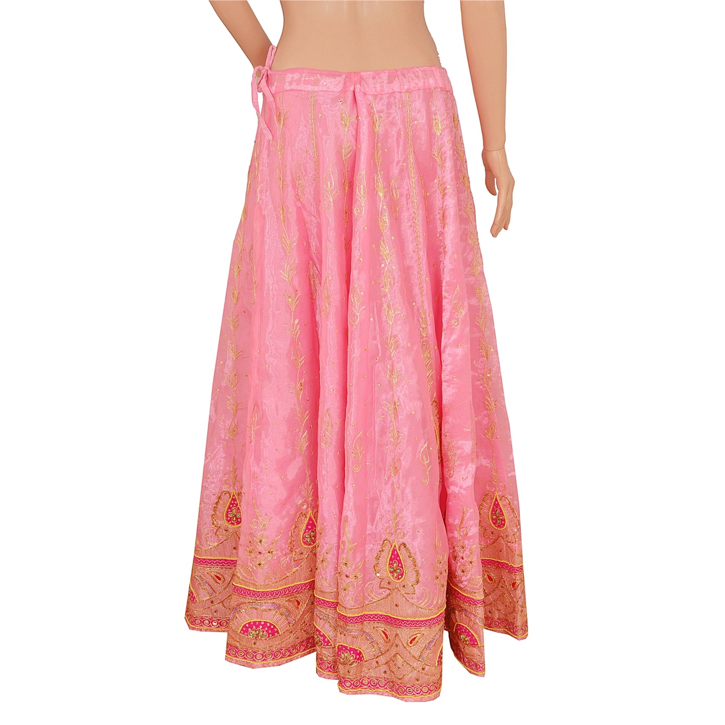 Sanskriti vintage Pink Long Skirt Art Silk Hand Beaded Ethnic Antique Stitched