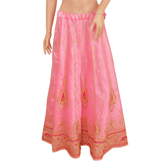 Sanskriti vintage Pink Long Skirt Art Silk Hand Beaded Ethnic Antique Stitched