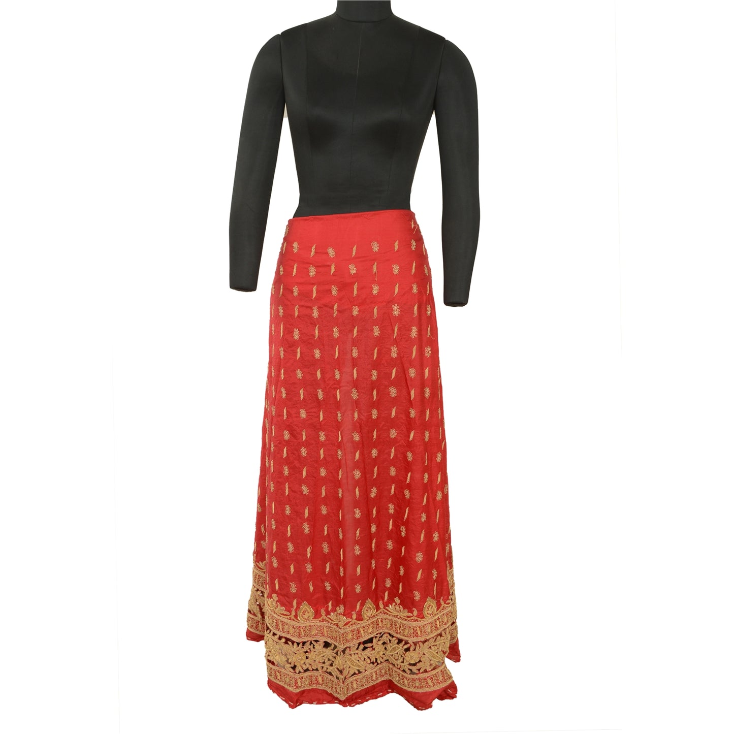 Sanskriti Red Long Skirt 100% Pure Silk Hand Beaded Ethnic Unstitched Lehenga