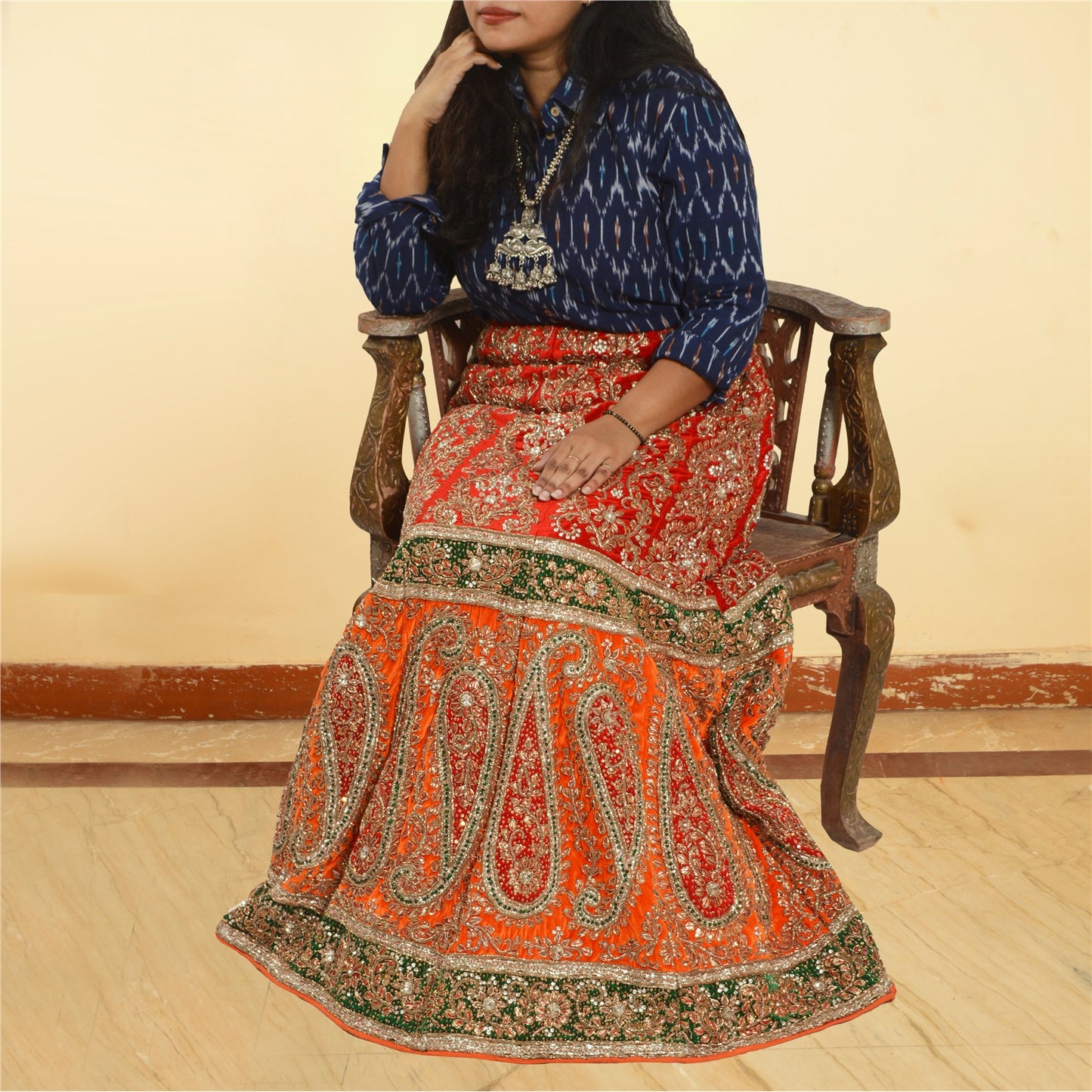 Sanskriti vintage Red Long Skirt Velvet Hand Beaded Stitched Antique Lehenga