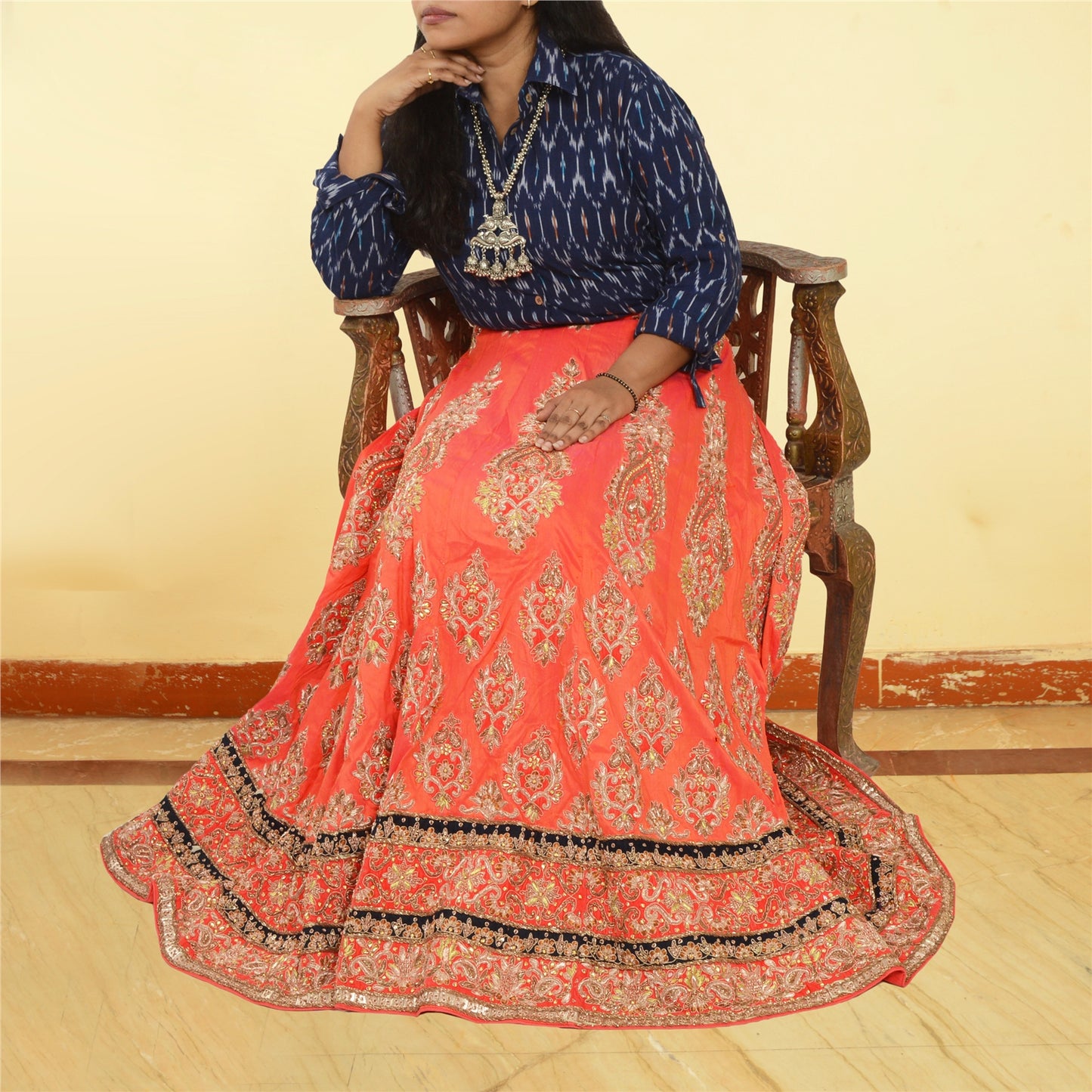 Sanskriti Vintage Peach 100% Pure Silk Long Skirt Unstitched Hand Beaded Zari Zardozi