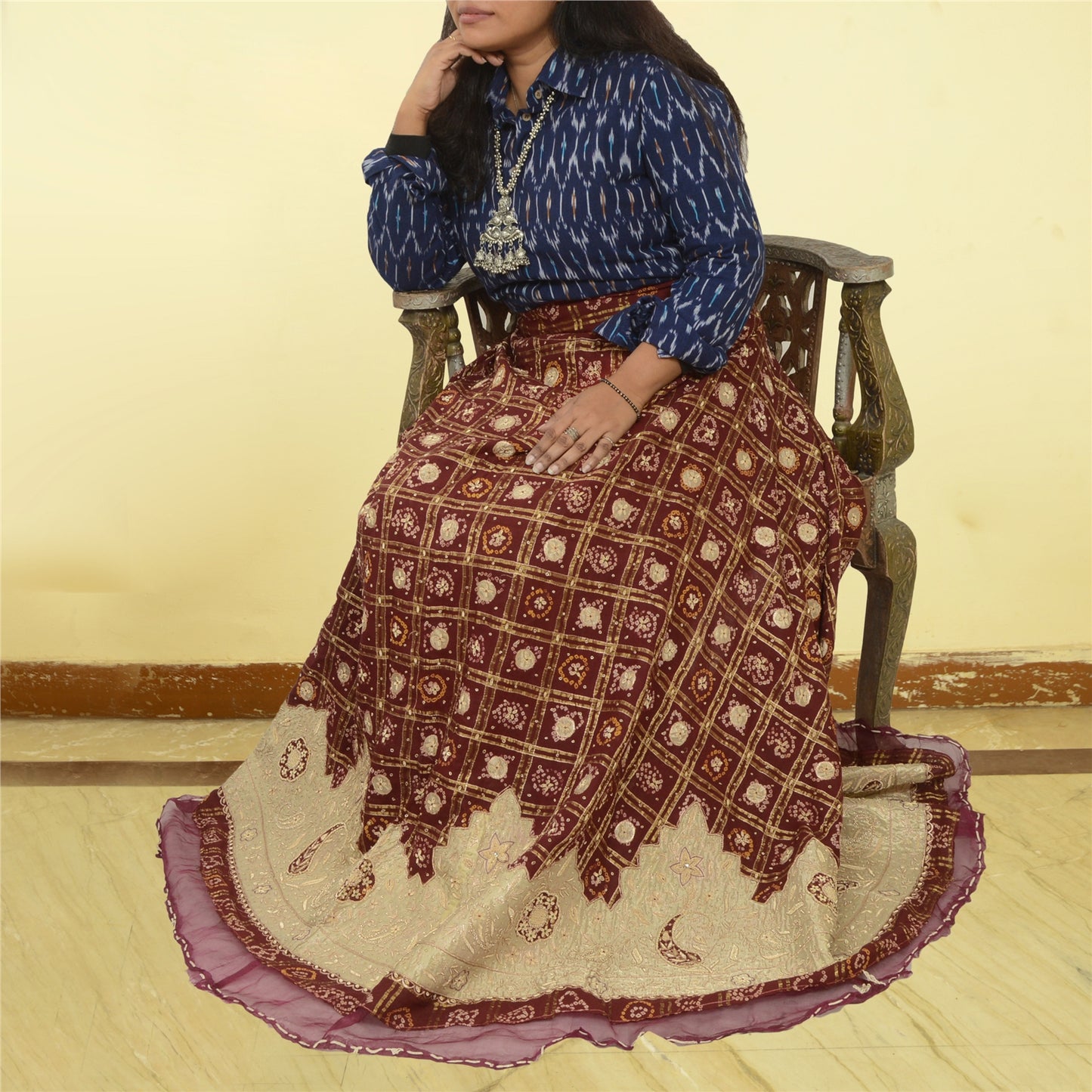 Sanskriti New Dark Red Pure Cotton Long Skirt Unstitched Hand Bead Bandhani Zari Zardozi Dabka