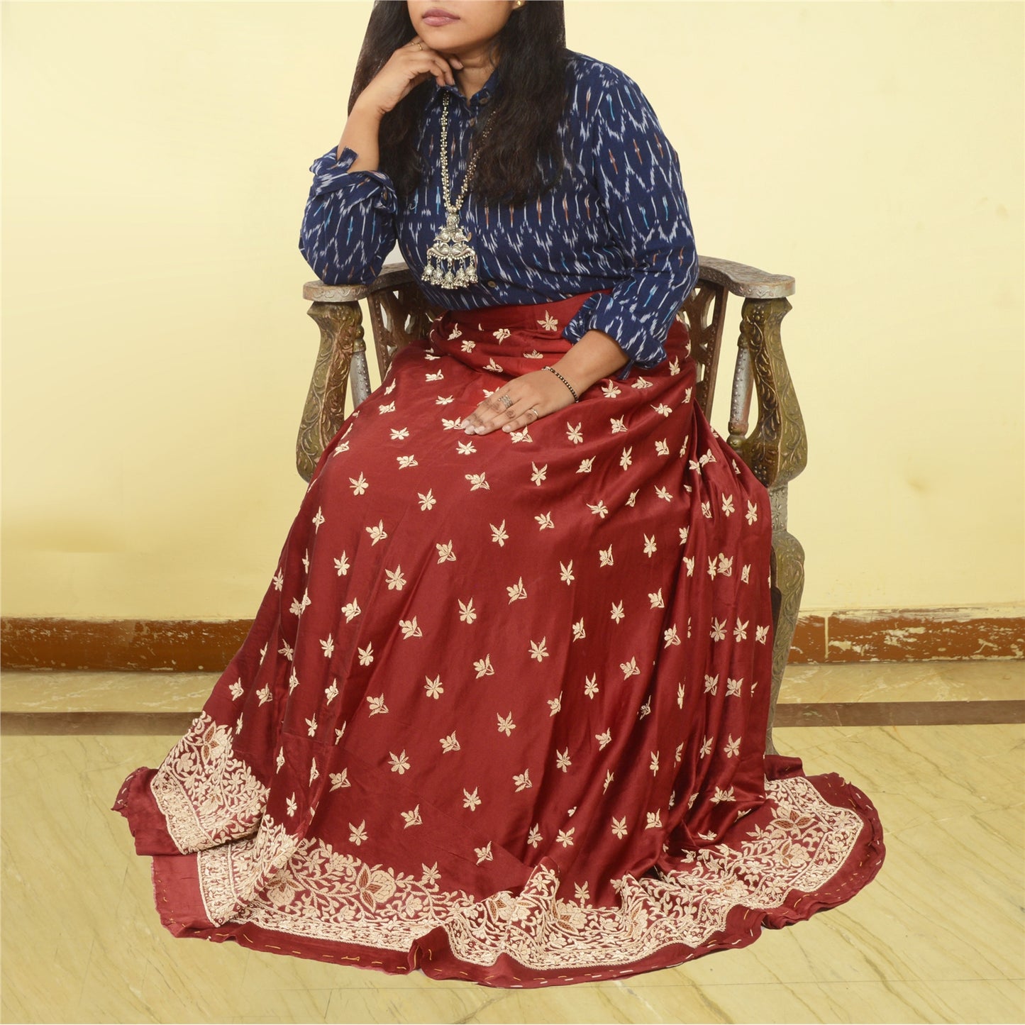 Sanskriti New Long Skirt Pure Satin Silk Hand Embroidered Unstitched Lehenga