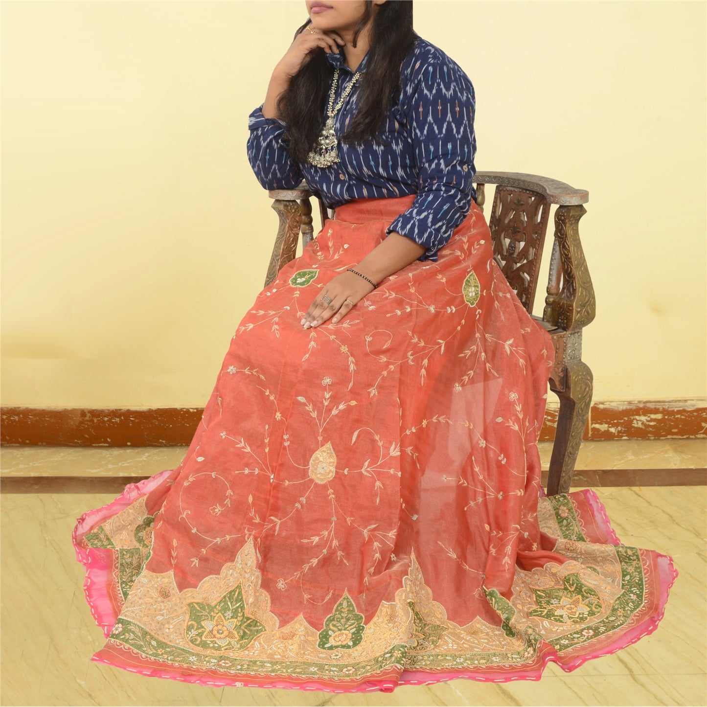 Sanskriti New Long Skirt Pure Organza Hand Embroidered Unstitched Lehenga