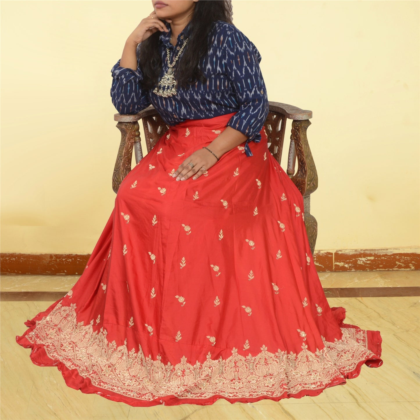 Sanskriti New Long Skirt Pure Satin Silk Hand Embroidered Unstitched Lehenga