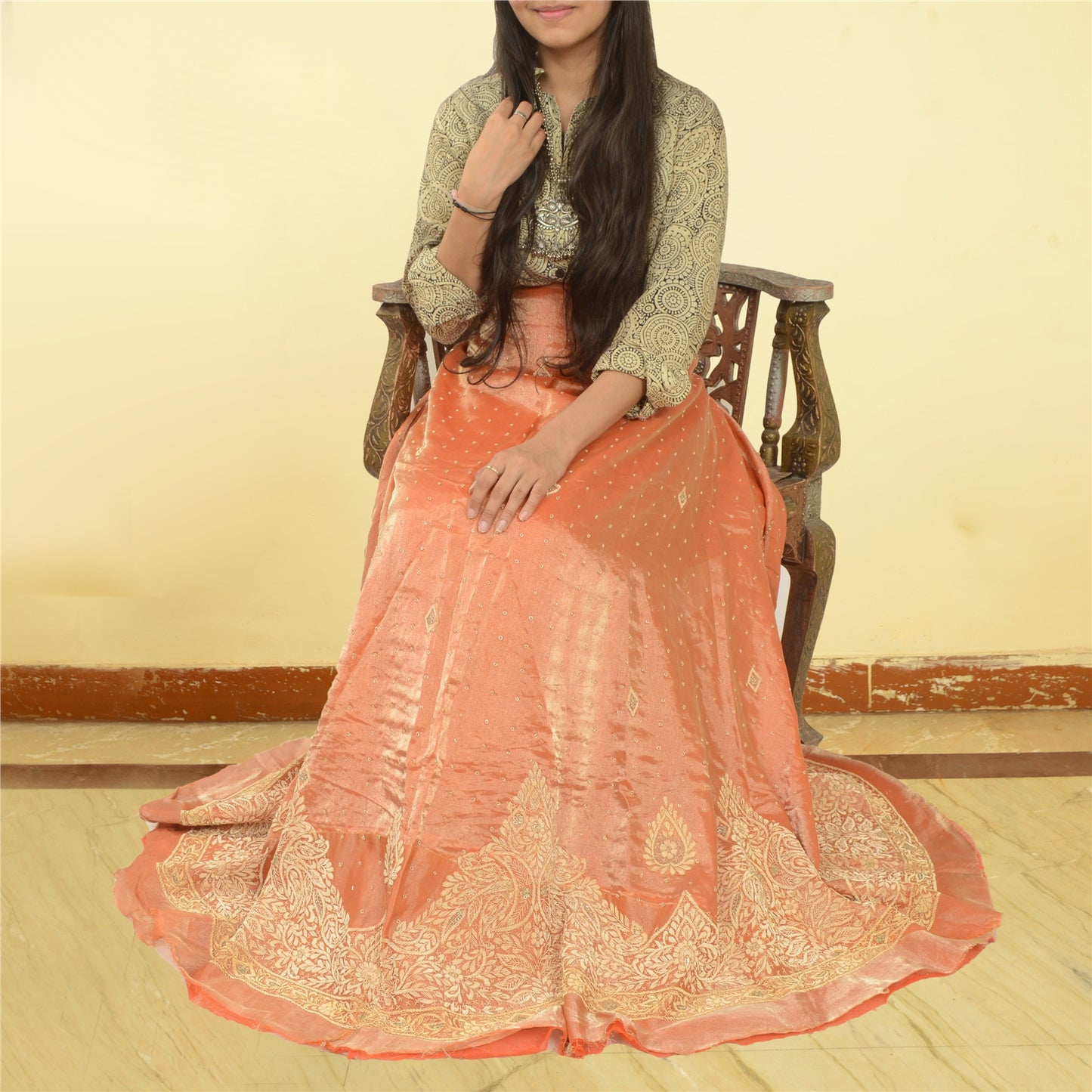 Sanskriti New Long Skirt Pure Tissue Silk Hand Embroidery Unstitched Lehenga