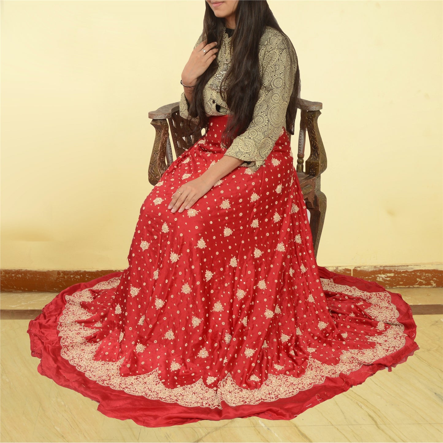 Sanskriti New Red 100% Pure Satin Silk Long Skirt Hand Beaded Unstitched Wedding