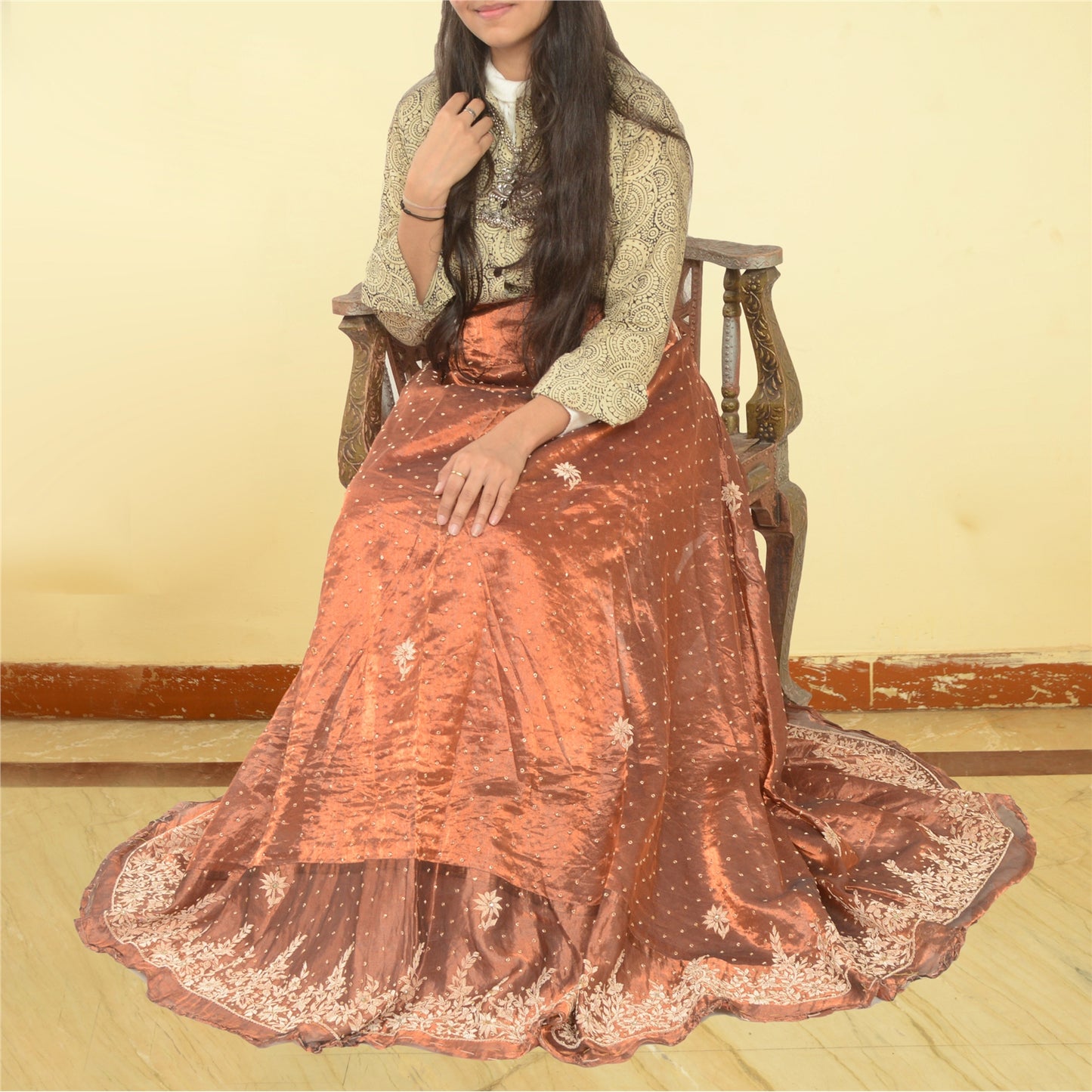 Sanskriti New Copper 100%Pure Tissue Silk Long Skirt Unstitched Handmade Wedding