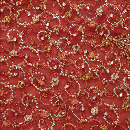 Sanskriti New Red Long Bridal Skirt Net Mesh Hand Beaded Unstitched Lehenga