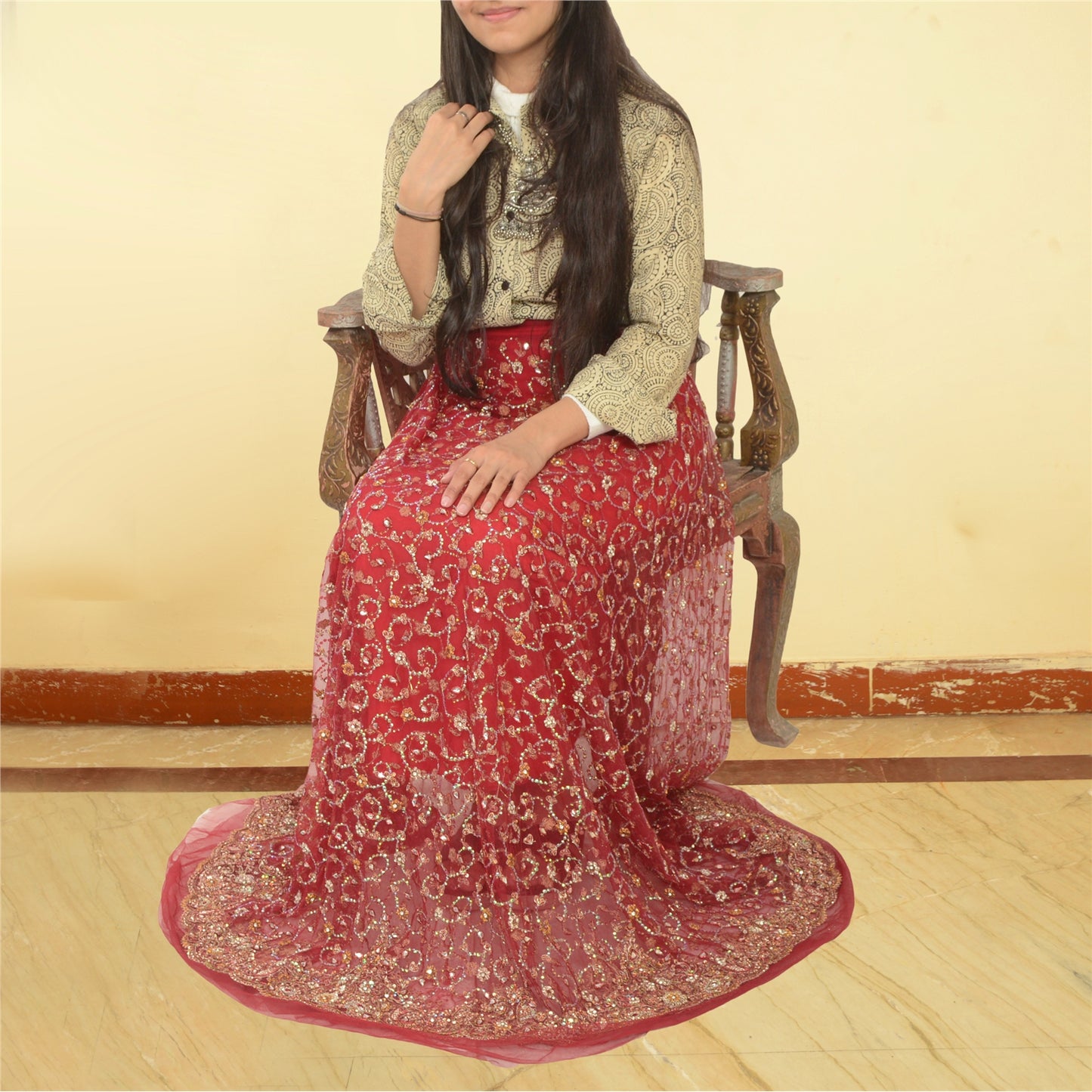 Sanskriti New Red Long Bridal Skirt Net Mesh Hand Beaded Unstitched Lehenga