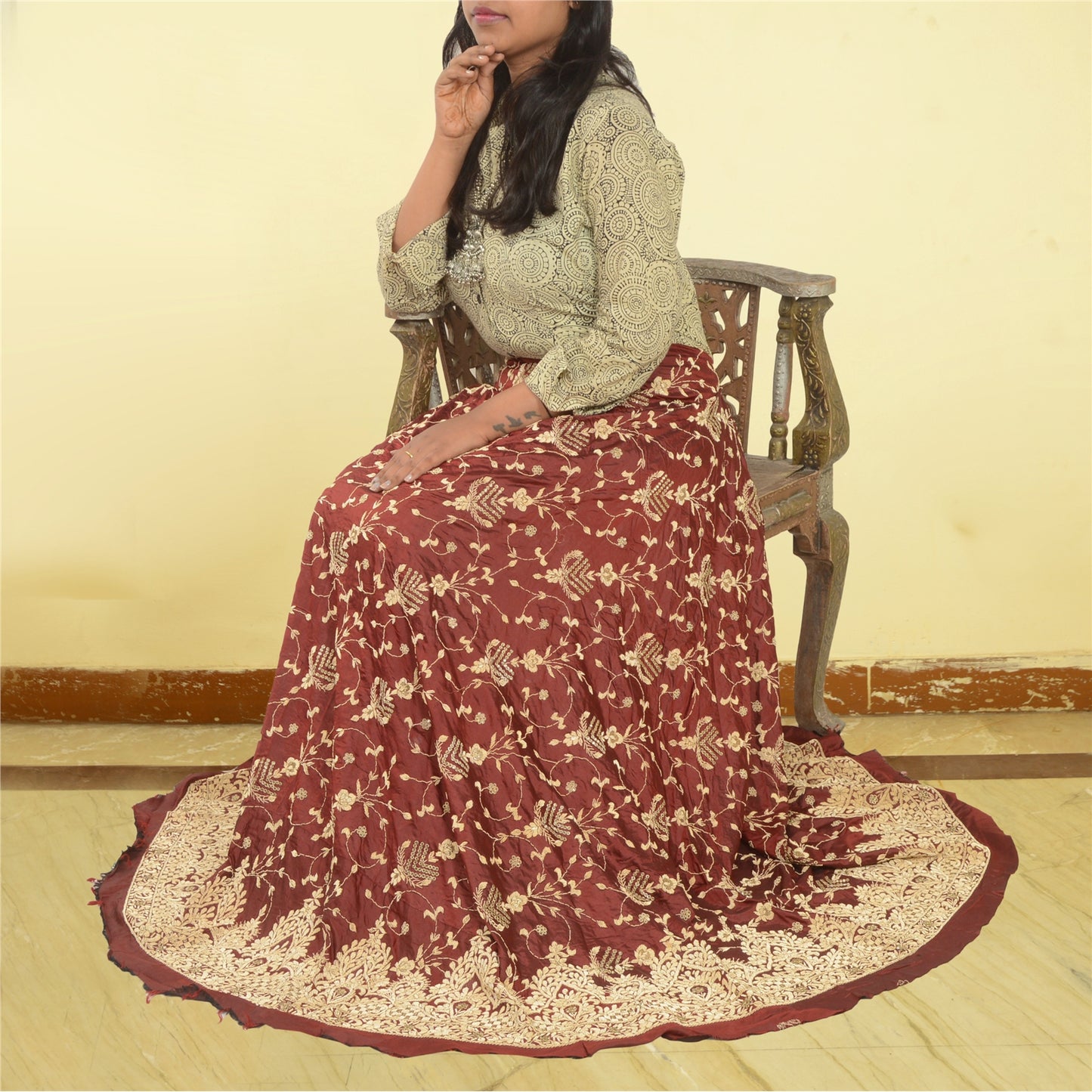 Sanskriti new Long Skirt Pure Satin Silk Hand Beaded Unstitched Lehenga