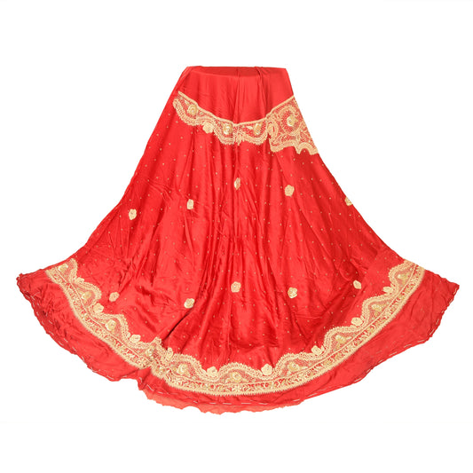 Sanskriti Vintage Red Pure Satin Silk Long Skirt Unstitched Hand Beaded Zardozi