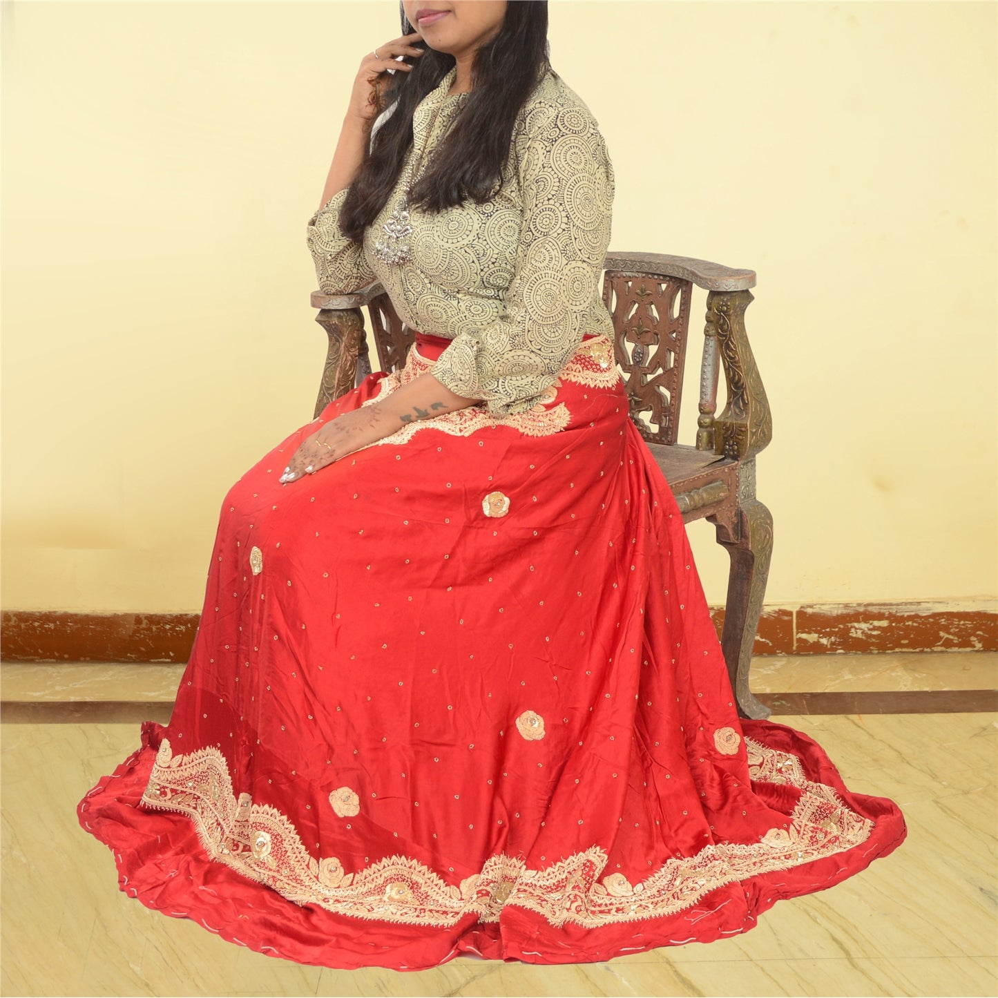 Sanskriti Vintage Red Pure Satin Silk Long Skirt Unstitched Hand Beaded Zardozi