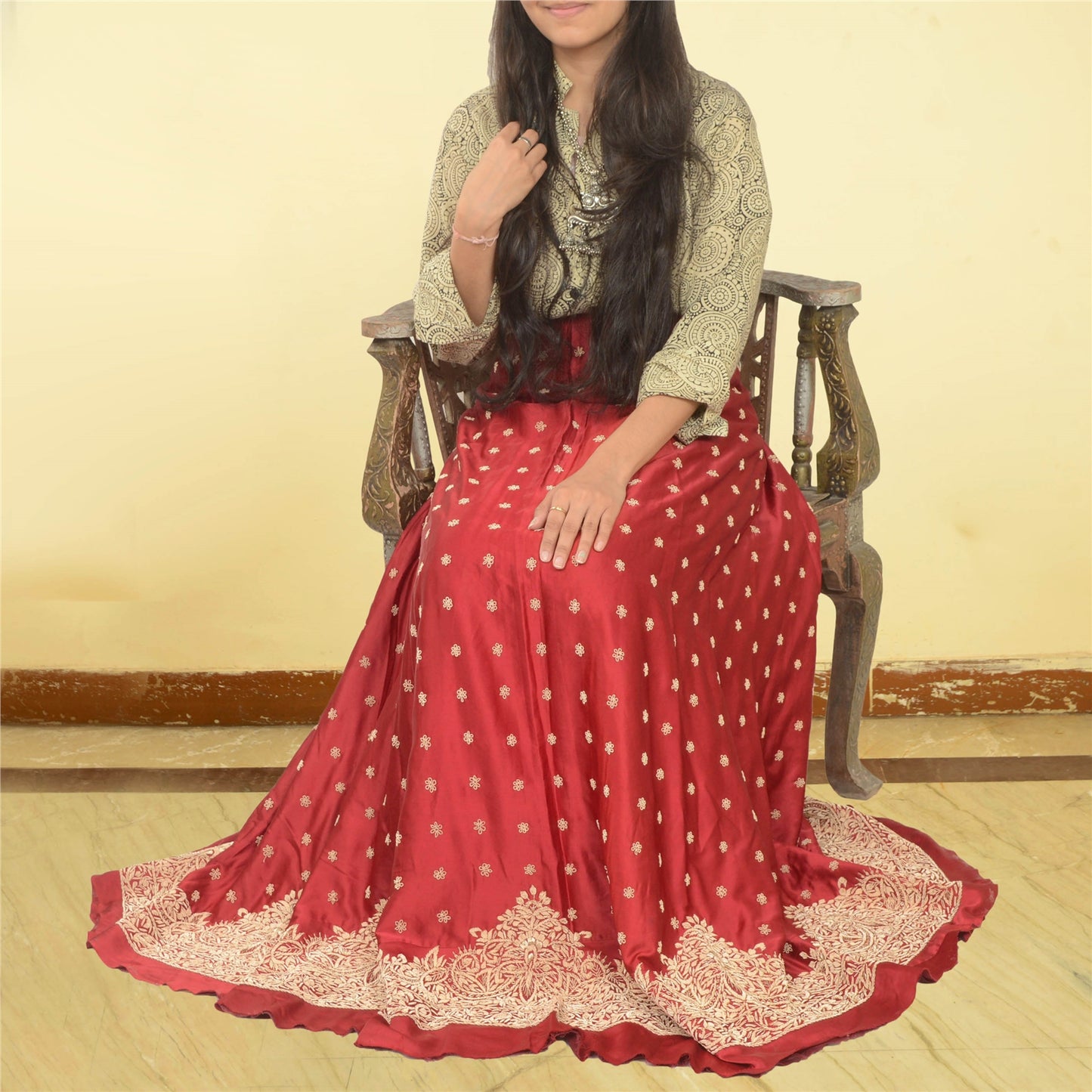Sanskriti Vintage Red Long Skirt Pure Satin Silk Handmade Unstitched Lehenga