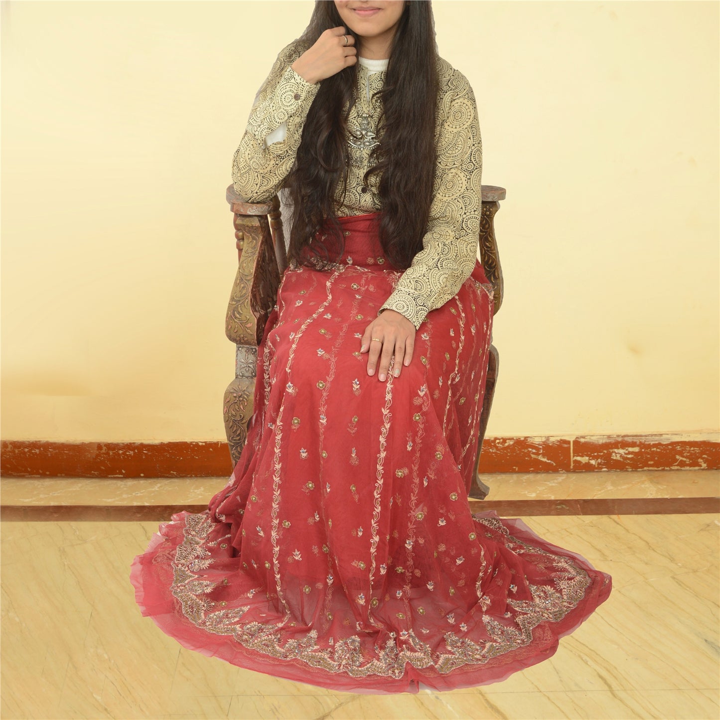 Sanskriti Vintage Dark Red Long Skirt Net Hand Embroidered Unstitched Lehenga