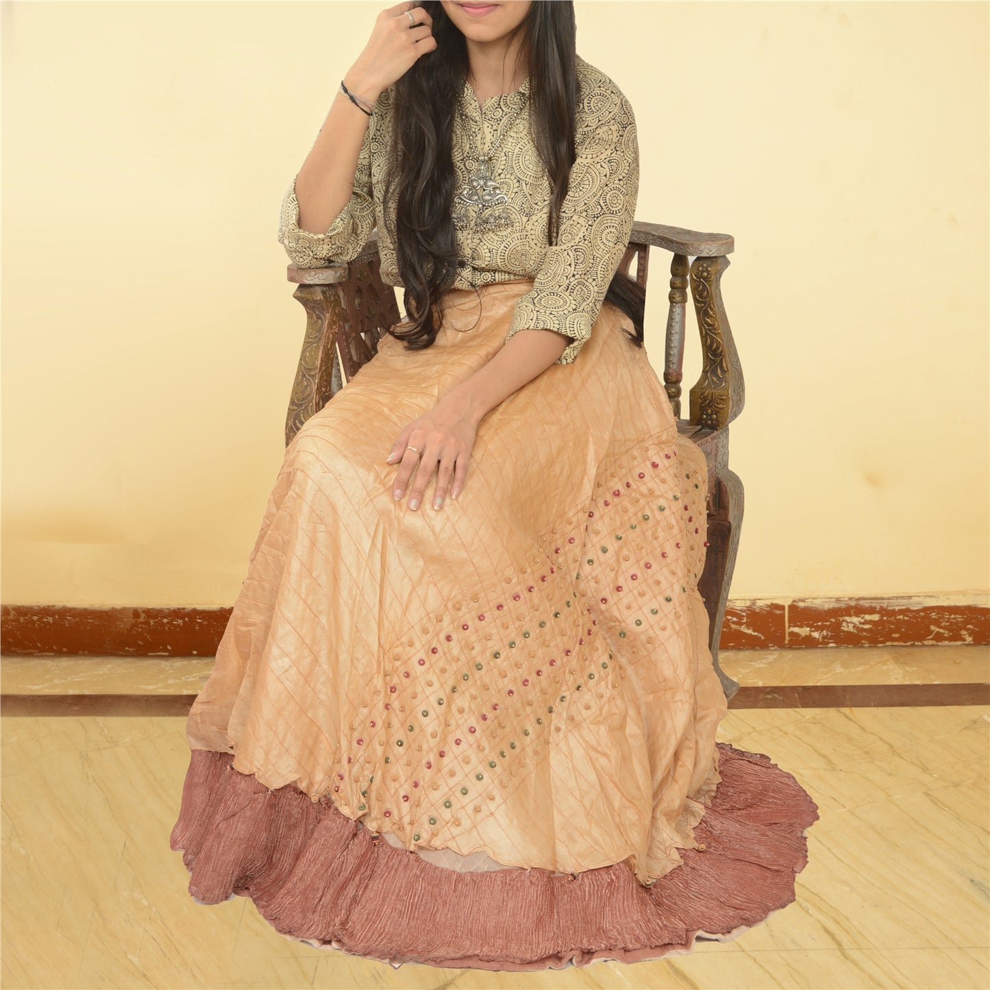 Sanskriti Vintage Cream Long Skirt Pure Silk Hand Beaded Stitched Party Lehenga