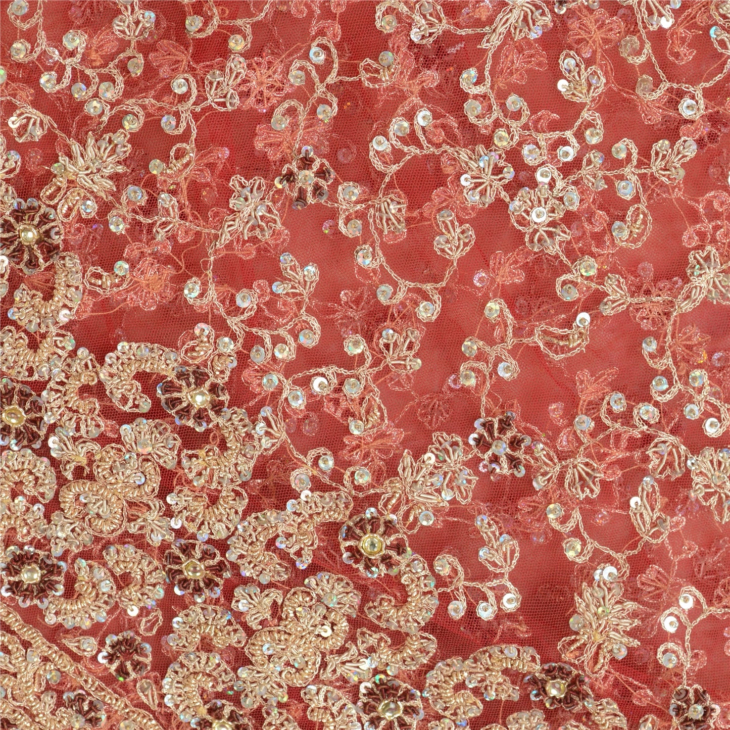 Sanskriti Vintage Red Long Skirt Net Mesh Hand Beaded Unstitched Ethnic Lehenga