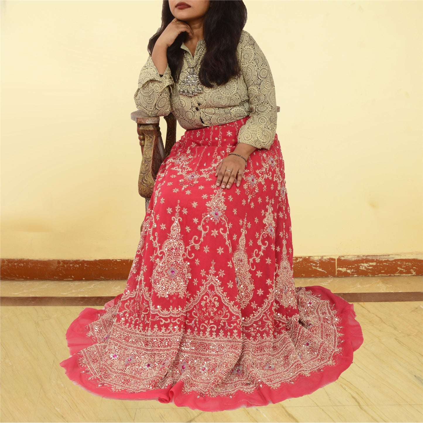 Sanskriti Vintage Pink Long Skirt Pure Georgette Silk Unstitched Handmade Zardoz