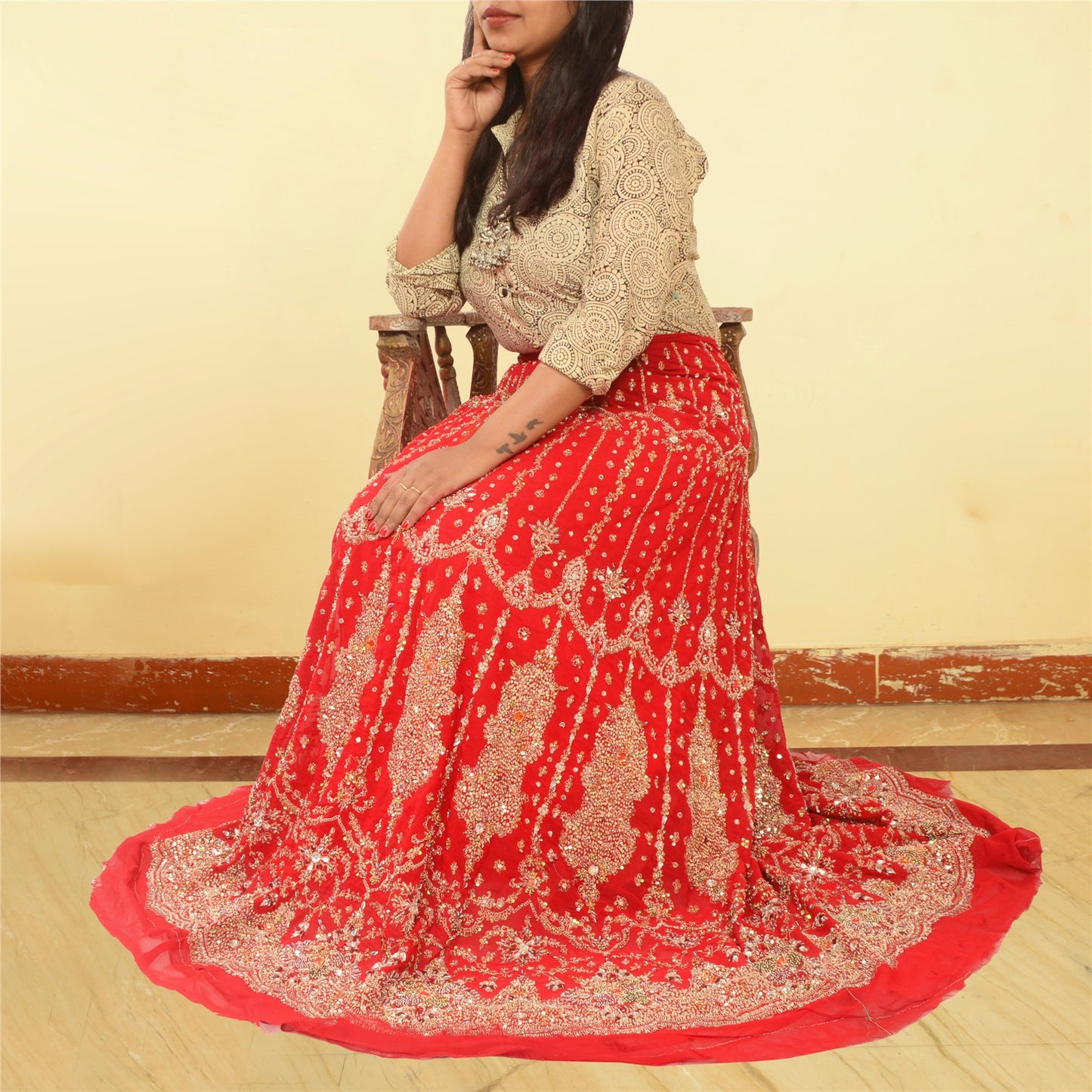 Sanskriti Vintage Red Long Skirt Pure Georgette Silk Handmade Unstitched Lehenga