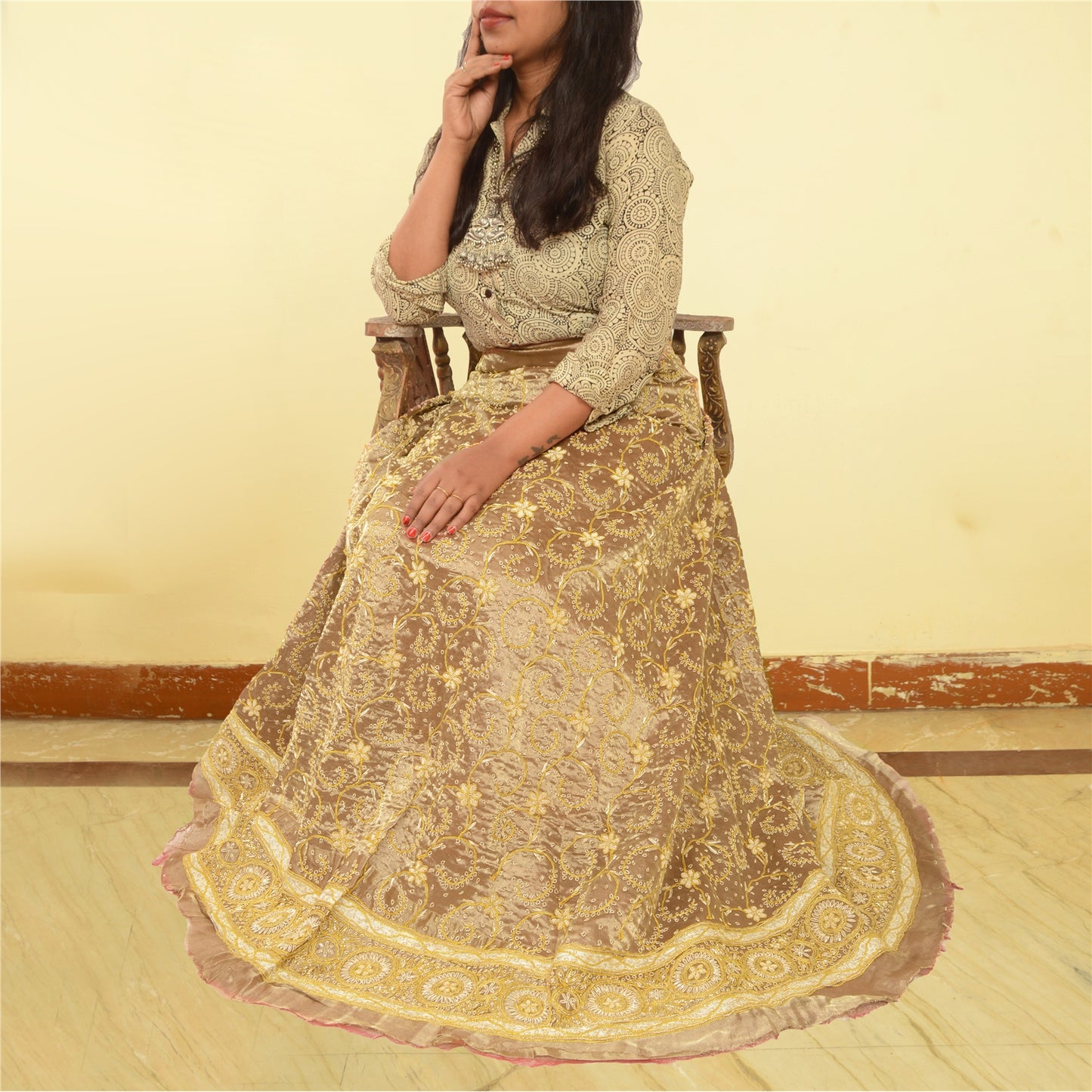 Sanskriti Vintage Long Skirt 100% Pure Tissue Silk Handmade Unstitched Lehenga