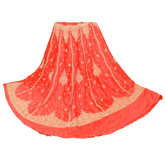 Sanskriti Vintage Red Long Skirt Pure Satin Silk Hand Beaded Unstitched Lehenga