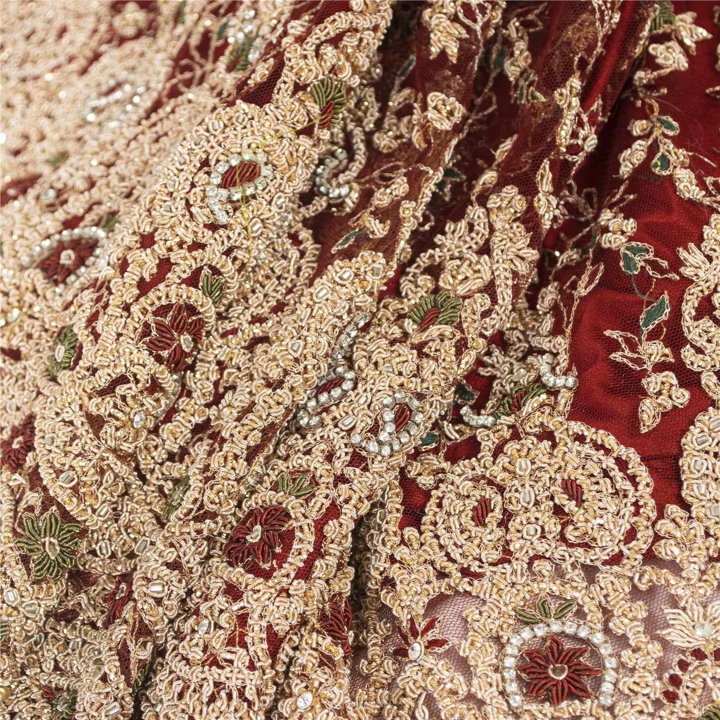 Sanskriti Vintage Dark Red Long Skirt Net Mesh Hand Beaded Stitched Lehenga