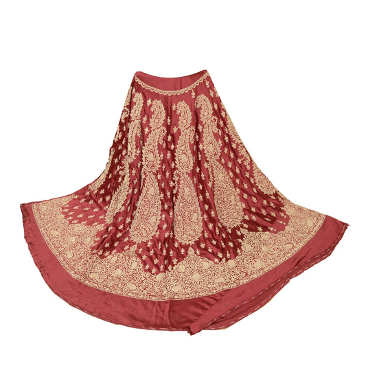 Sanskriti Vintage Red 100%Pure Satin Silk Long Skirt Unstitched Handmade Zardozi