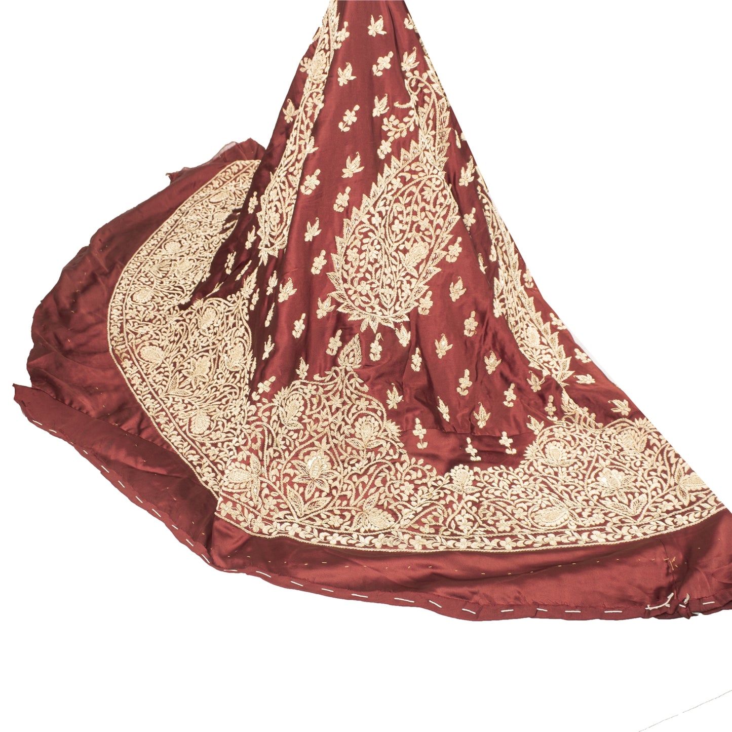 Sanskriti Vintage Red 100%Pure Satin Silk Long Skirt Unstitched Handmade Zardozi