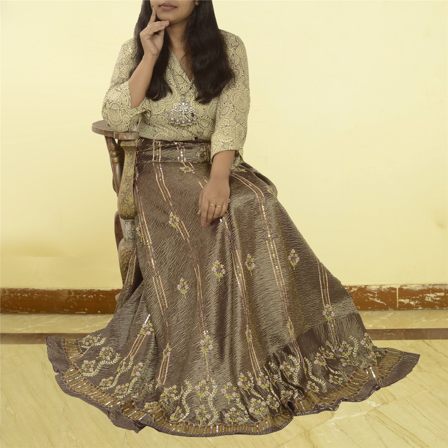 Sanskriti Vintage Golden Purple Art Silk Skirt Unstitched Hand Beaded Sequins