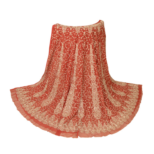 Sanskriti Vintage Red Long Skirt Net Mesh Hand Beaded Unstitched Zardozi Lehenga