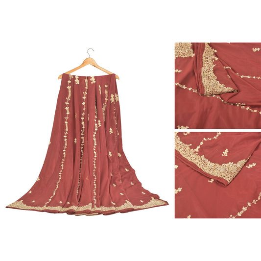 Sanskriti Vintage Long Skirt Net Mesh Dark Red Hand Beaded Unstitched Lehenga