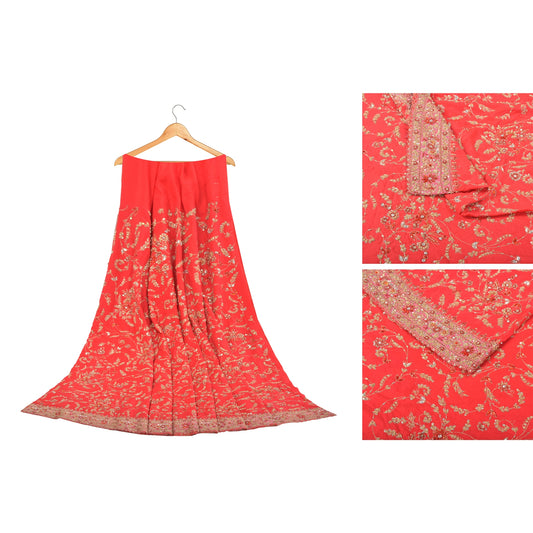 Sanskriti Vintage Pure Silk Red Long Skirt Hand Embroidered Unstitched Zardozi